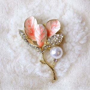 Pink and white flower pin brooch with clear crystals and white pearl  New
